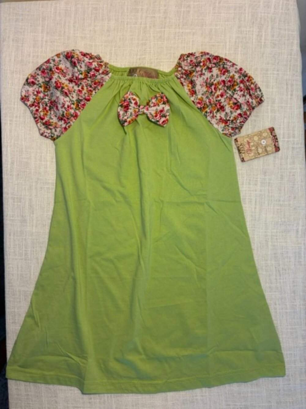 Lele Vintage Lime Green Floral Puff Sleeve Peasant Dress Tunic - Size 6
